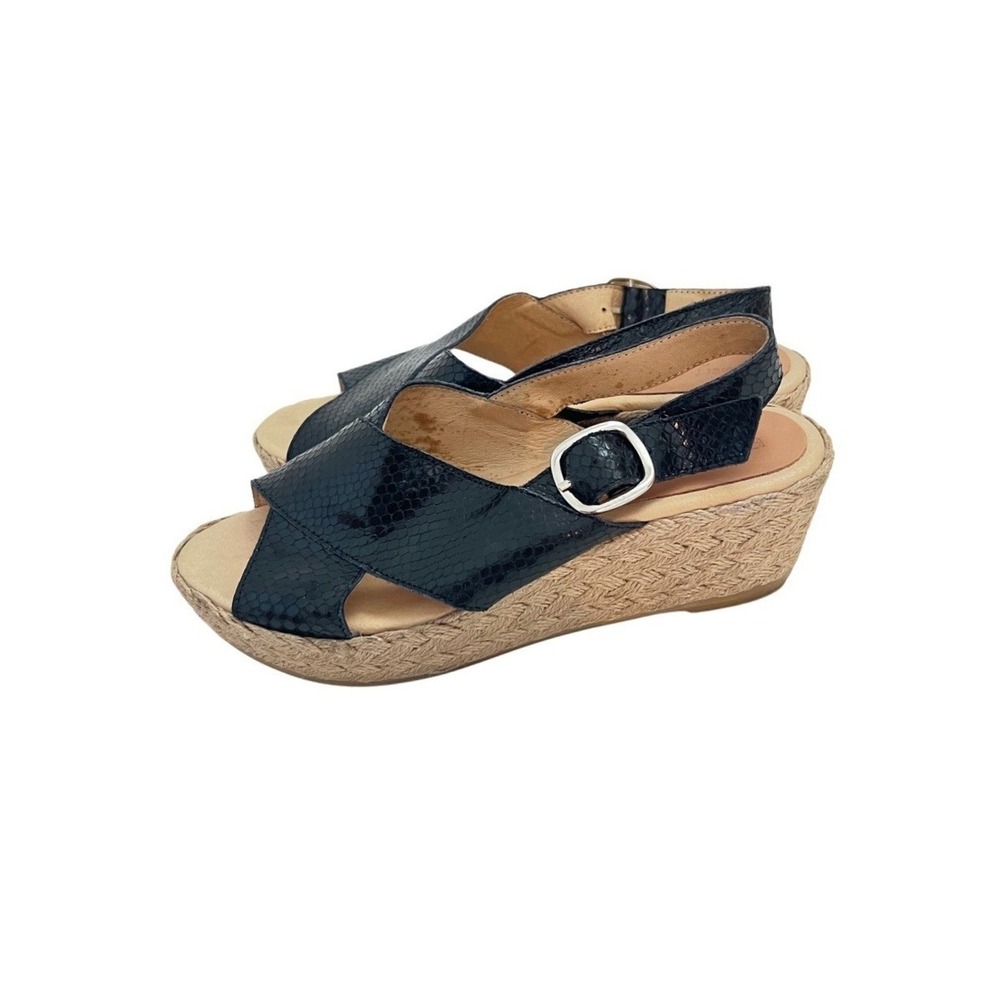 Patricia Green Black Snakeskin Leather Espadrille Wedge Sandals Spain 37 US 7